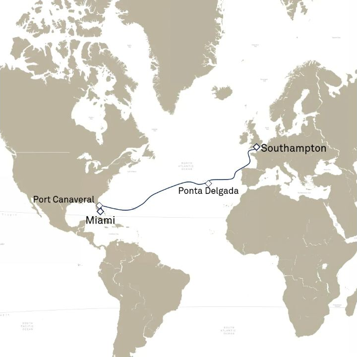 Queen Anne Voyage H803 itinerary map from Southampton, England, UK to Miami, FL, USA