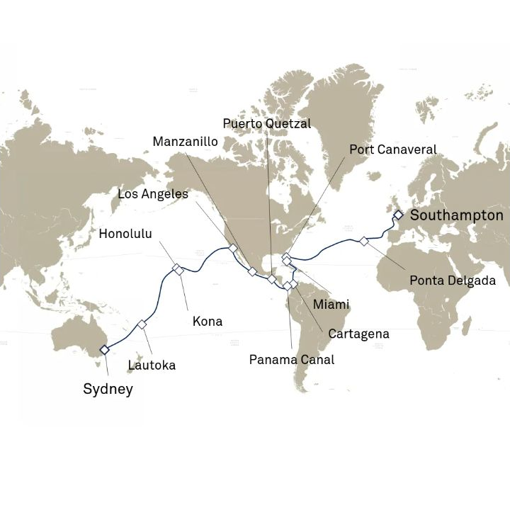 Queen Anne Voyage H803B itinerary map from Southampton, England, UK to Sydney, NSW, Australia