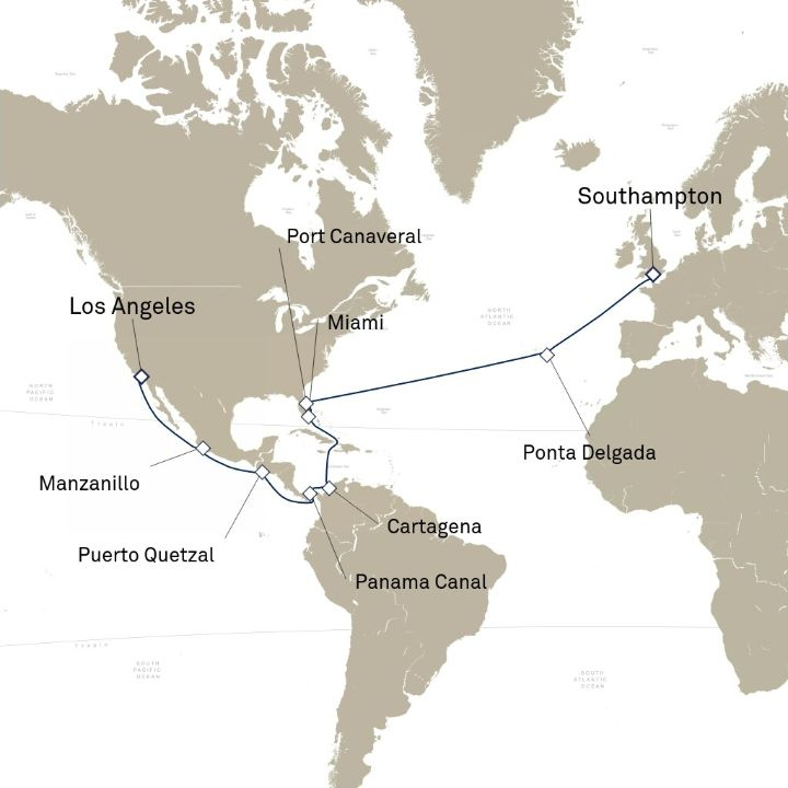 Queen Anne Voyage H803A itinerary map from Southampton, England, UK to Los Angeles, CA, USA