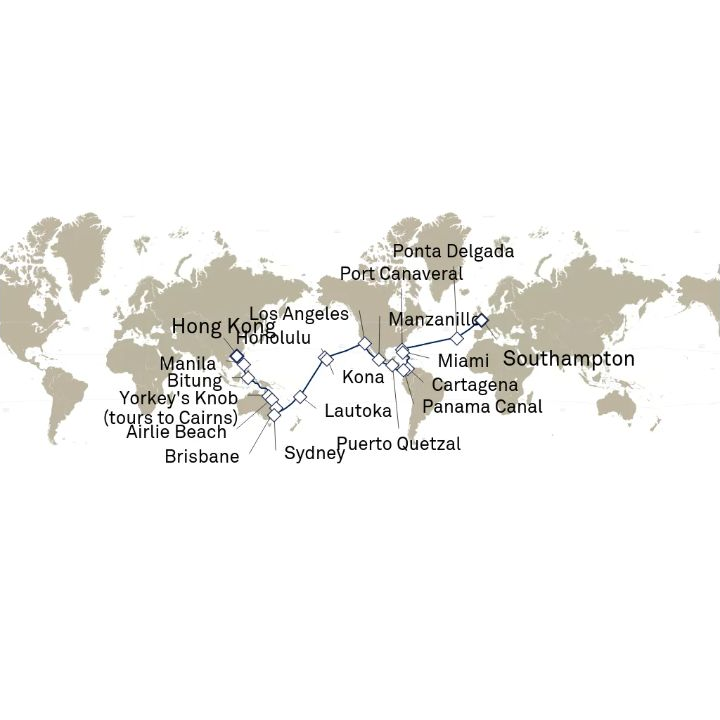 Queen Anne Voyage H803C itinerary map from Southampton, England, UK to Hong Kong, China