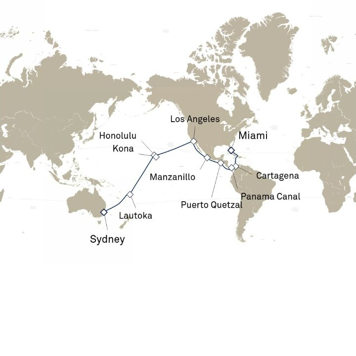 Queen Anne Voyage H804A itinerary map from Miami, FL, USA to Sydney, NSW, Australia