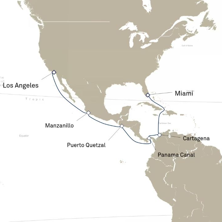Queen Anne Voyage H804 itinerary map from Miami, FL, USA to Los Angeles, CA, USA