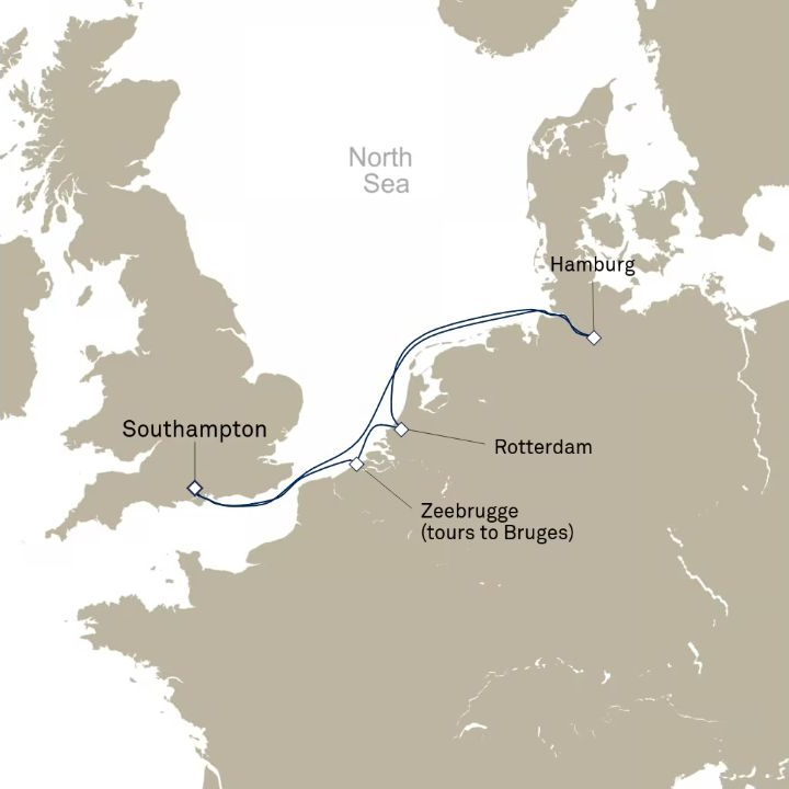 Queen Anne Voyage H802 itinerary map from Southampton, England, UK to Southampton, England, UK