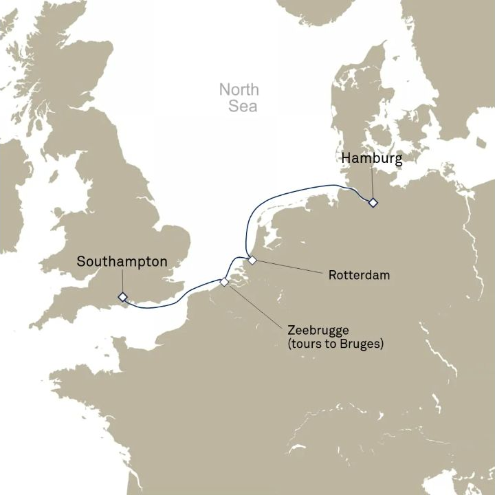 Queen Anne Voyage H802A itinerary map from Southampton, England, UK to Hamburg, Germany