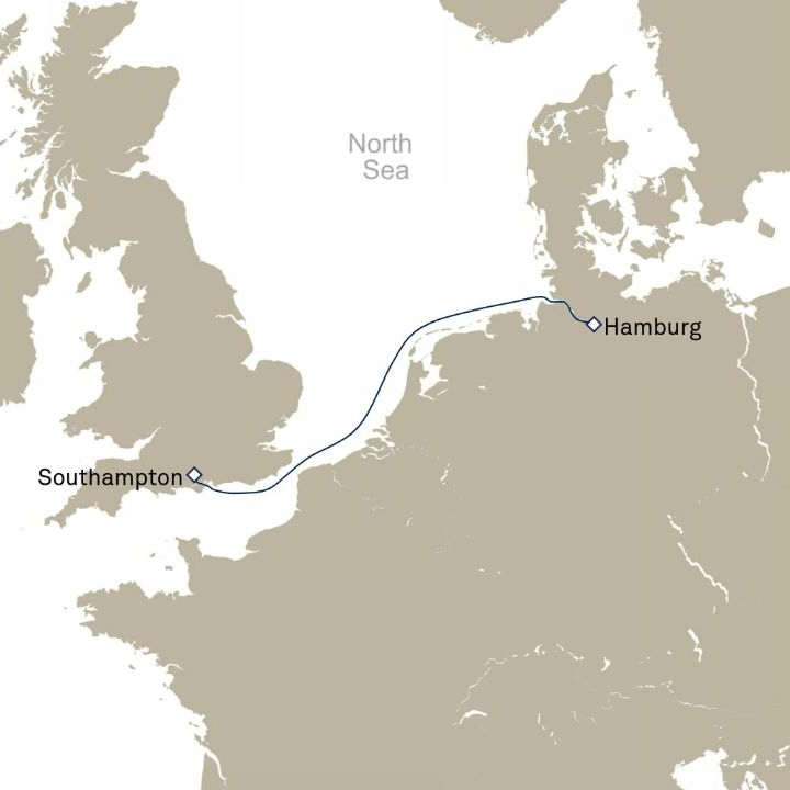 Queen Anne Voyage H802B itinerary map from Hamburg, Germany to Southampton, England, UK