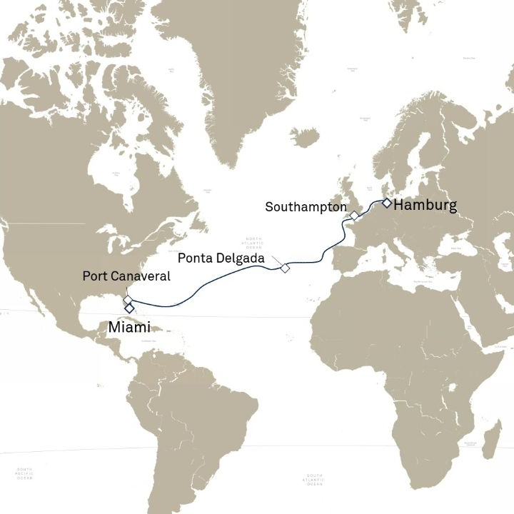 Queen Anne Voyage H802C itinerary map from Hamburg, Germany to Miami, FL, USA