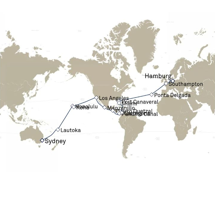 Queen Anne Voyage H802E itinerary map from Hamburg, Germany to Sydney, NSW, Australia