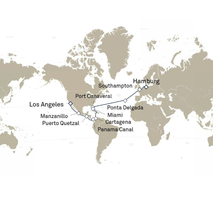 Queen Anne Voyage H802D itinerary map from Hamburg, Germany to Los Angeles, CA, USA