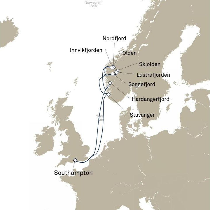 Queen Anne Voyage H820 itinerary map from Southampton, England, UK to Southampton, England, UK