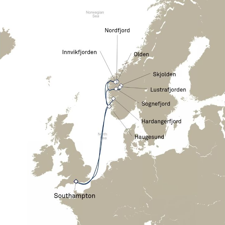 Queen Anne Voyage H818 itinerary map from Southampton, England, UK to Southampton, England, UK