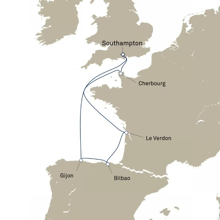 Queen Anne Voyage H821 itinerary map from Southampton, England, UK to Southampton, England, UK