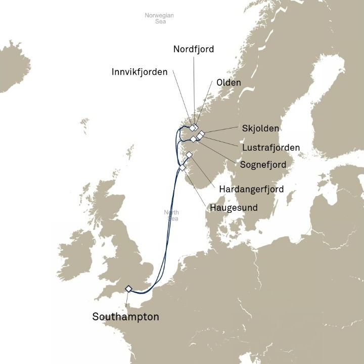 Queen Anne Voyage H822 itinerary map from Southampton, England, UK to Southampton, England, UK