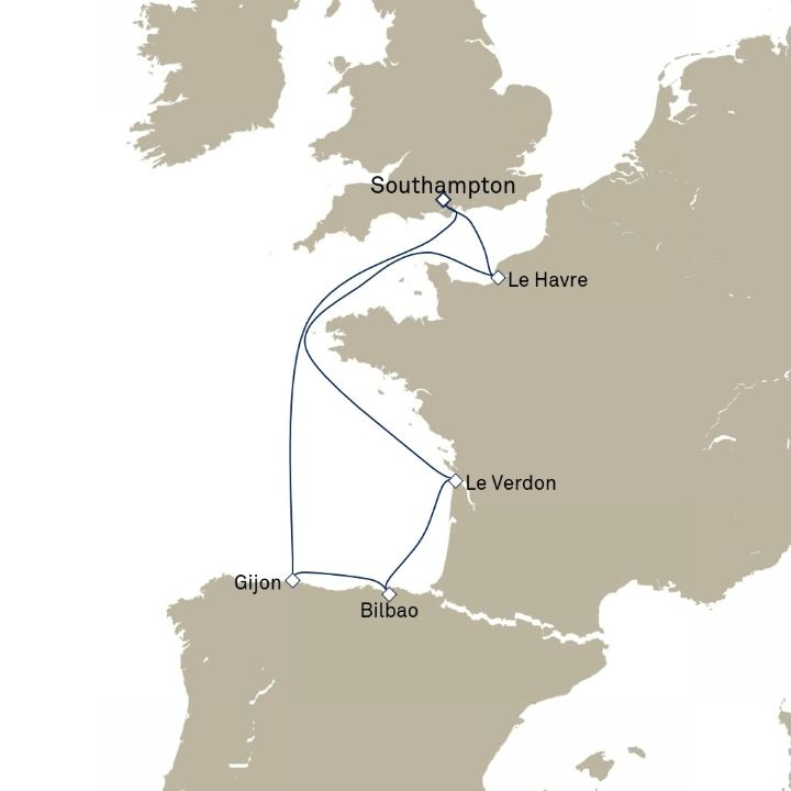Queen Anne Voyage H819 itinerary map from Southampton, England, UK to Southampton, England, UK