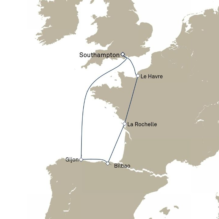 Queen Anne Voyage H815 itinerary map from Southampton, England, UK to Southampton, England, UK