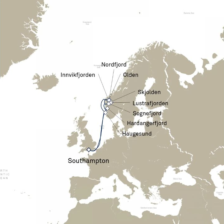 Queen Anne Voyage H816 itinerary map from Southampton, England, UK to Southampton, England, UK