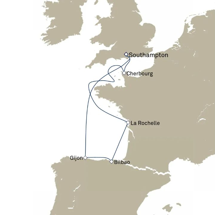 Queen Anne Voyage H817 itinerary map from Southampton, England, UK to Southampton, England, UK