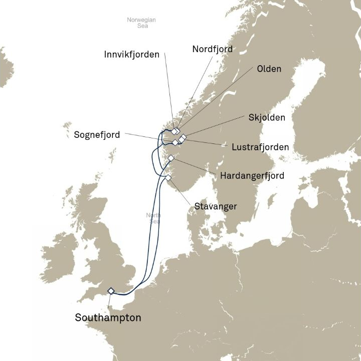 Queen Anne Voyage H814 itinerary map from Southampton, England, UK to Southampton, England, UK