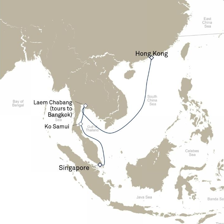 Queen Anne Voyage H807A itinerary map from Hong Kong, China to Singapore
