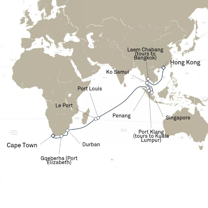 Queen Anne Voyage H807 itinerary map from Hong Kong, China to Cape Town, South Africa