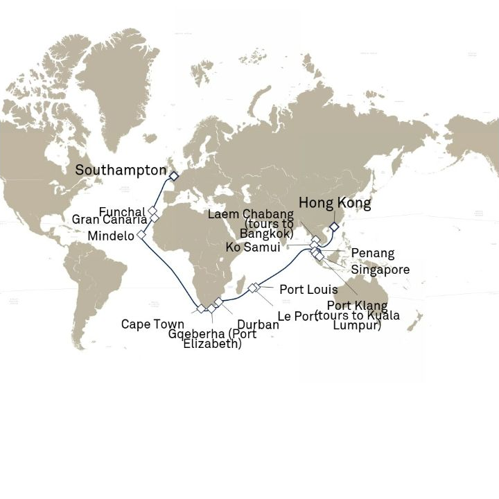 Queen Anne Voyage H807B itinerary map from Hong Kong, China to Southampton, England, UK