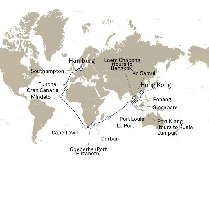 Queen Anne Voyage H807C itinerary map from Hong Kong, China to Hamburg, Germany
