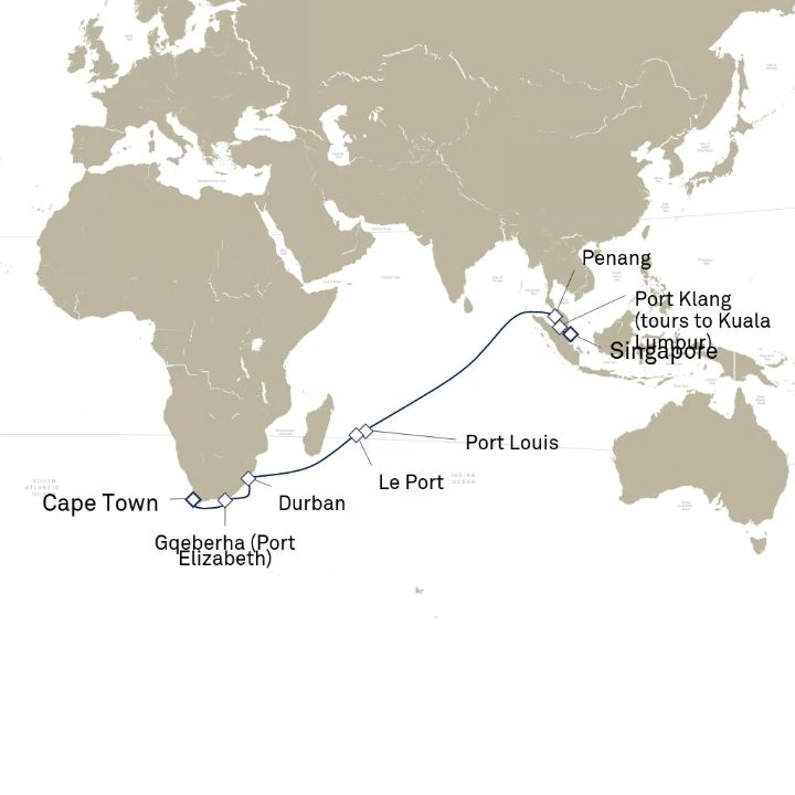Queen Anne Voyage H807D itinerary map from Singapore to Cape Town, South Africa