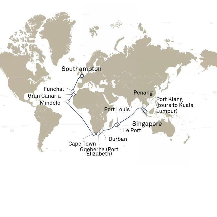 Queen Anne Voyage H807E itinerary map from Singapore to Southampton, England, UK