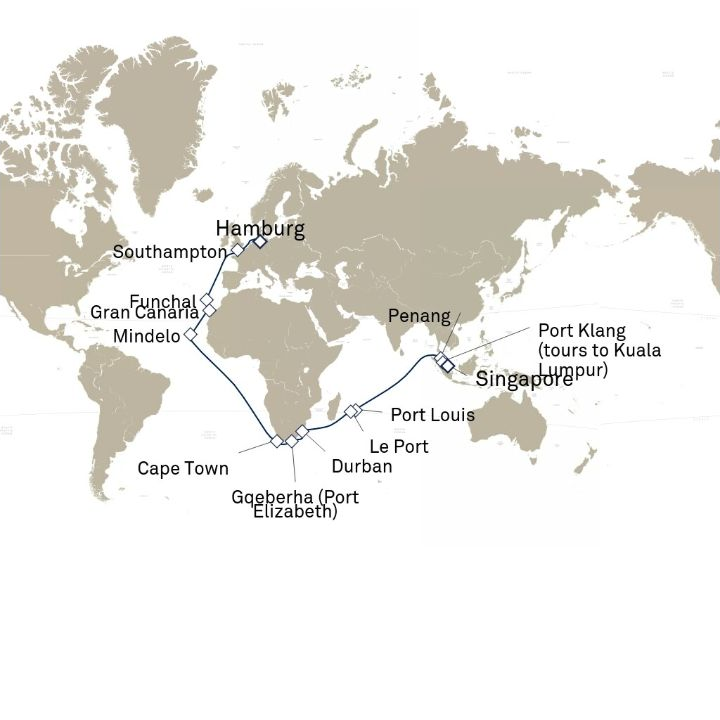 Queen Anne Voyage H807F itinerary map from Singapore to Hamburg, Germany