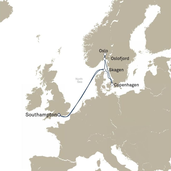 Queen Anne Voyage H812 itinerary map from Southampton, England, UK to Southampton, England, UK