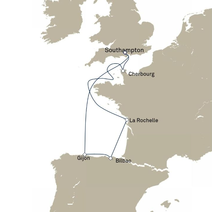 Queen Anne Voyage H813 itinerary map from Southampton, England, UK to Southampton, England, UK