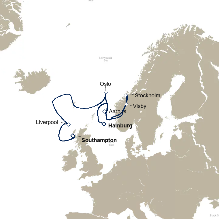 Queen Anne Voyage H810N itinerary map from Hamburg, Germany to Southampton, England, UK