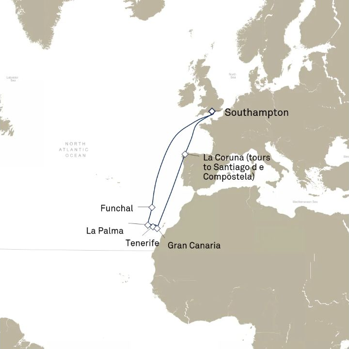 Queen Anne Voyage H836 itinerary map from Southampton, England, UK to Southampton, England, UK