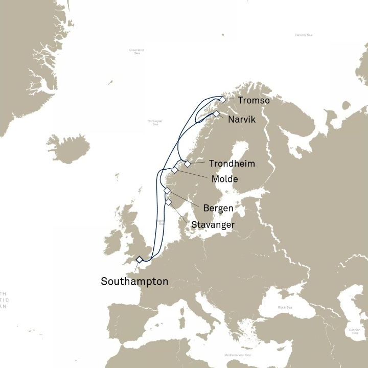 Queen Anne Voyage H831 itinerary map from Southampton, England, UK to Southampton, England, UK