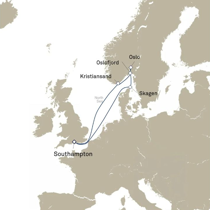 Queen Anne Voyage H832 itinerary map from Southampton, England, UK to Southampton, England, UK