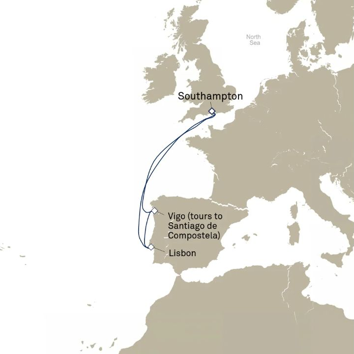 Queen Anne Voyage H833 itinerary map from Southampton, England, UK to Southampton, England, UK
