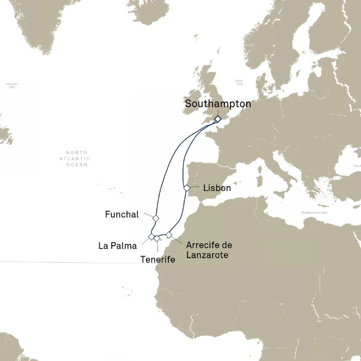 Queen Anne Voyage H834 itinerary map from Southampton, England, UK to Southampton, England, UK