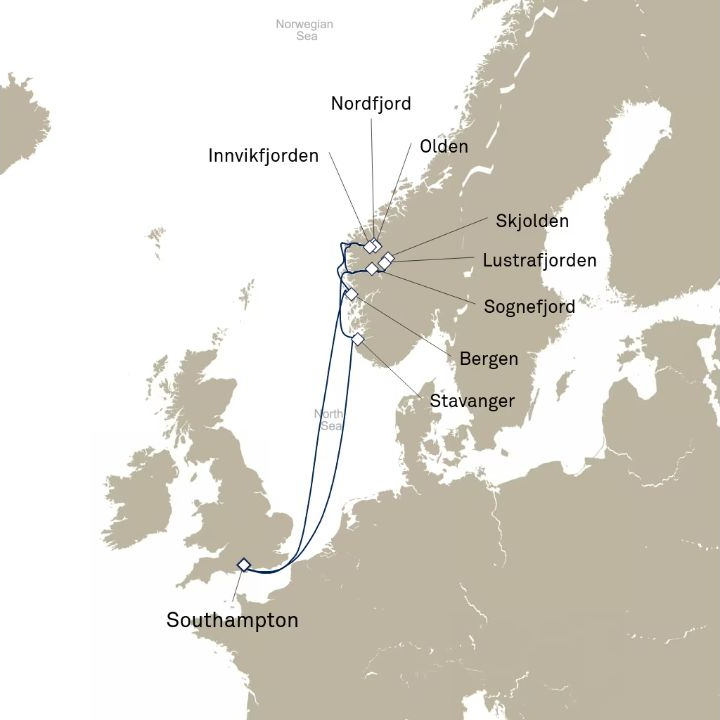 Queen Anne Voyage H828 itinerary map from Southampton, England, UK to Southampton, England, UK