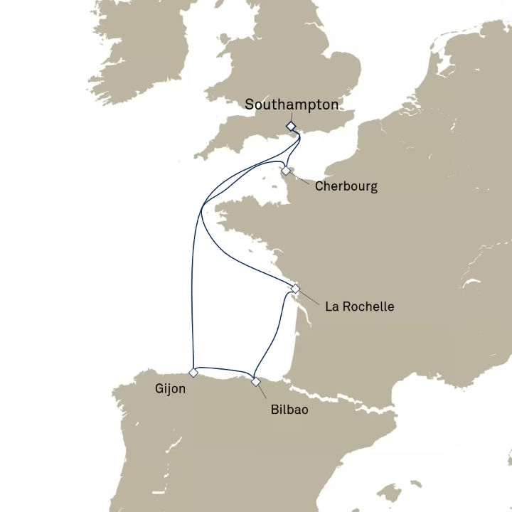 Queen Anne Voyage H829 itinerary map from Southampton, England, UK to Southampton, England, UK