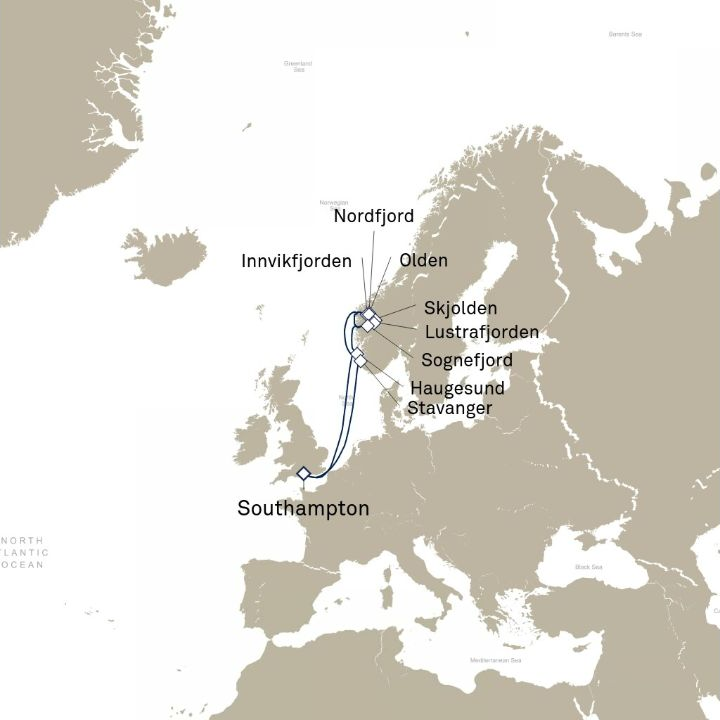 Queen Anne Voyage H830 itinerary map from Southampton, England, UK to Southampton, England, UK