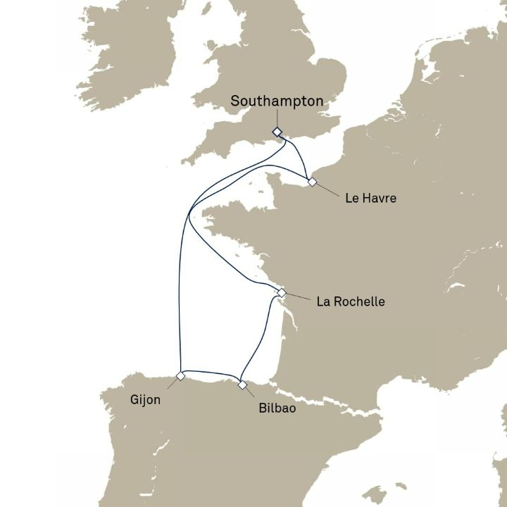Queen Anne Voyage H827 itinerary map from Southampton, England, UK to Southampton, England, UK