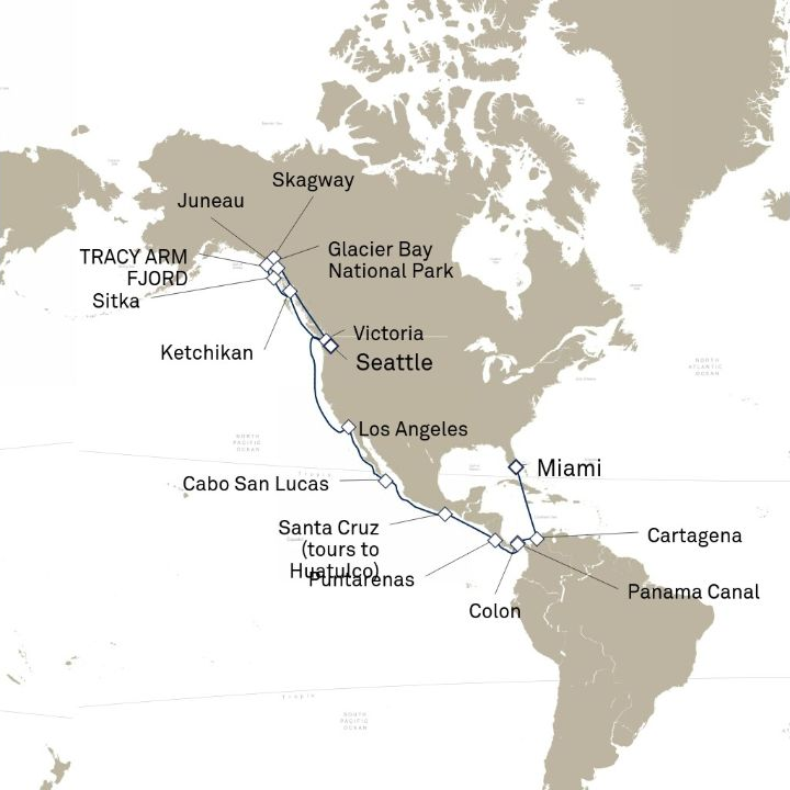 Queen Elizabeth Voyage Q611A itinerary map from Miami, FL, USA to Seattle, WA, USA