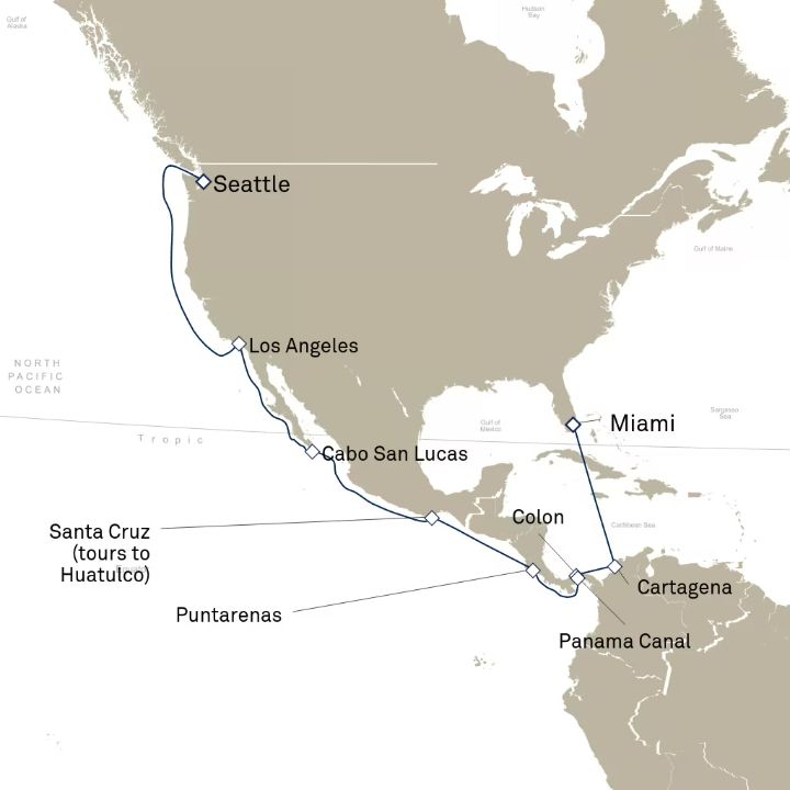 Queen Elizabeth Voyage Q611 itinerary map from Miami, FL, USA to Seattle, WA, USA
