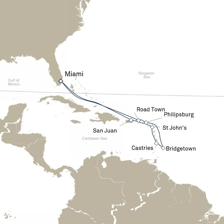 Queen Elizabeth Voyage Q610 itinerary map from Miami, FL, USA to Miami, FL, USA