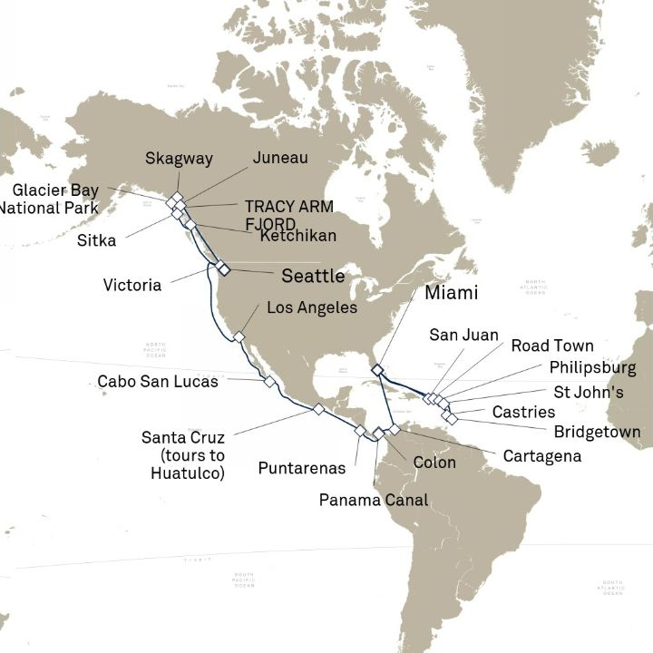 Queen Elizabeth Voyage Q610B itinerary map from Miami, FL, USA to Seattle, WA, USA