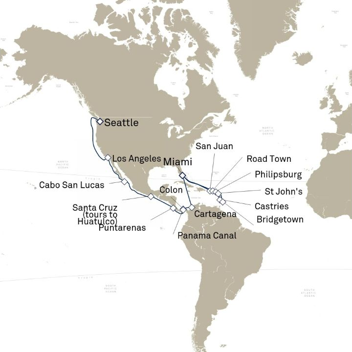 Queen Elizabeth Voyage Q610A itinerary map from Miami, FL, USA to Seattle, WA, USA
