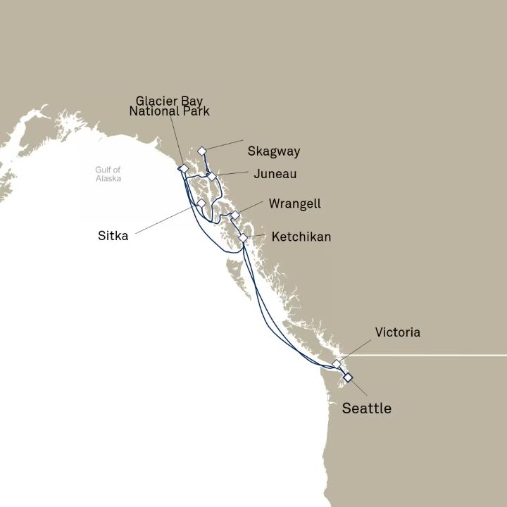 Queen Elizabeth Voyage Q622 itinerary map from Seattle, WA, USA to Seattle, WA, USA