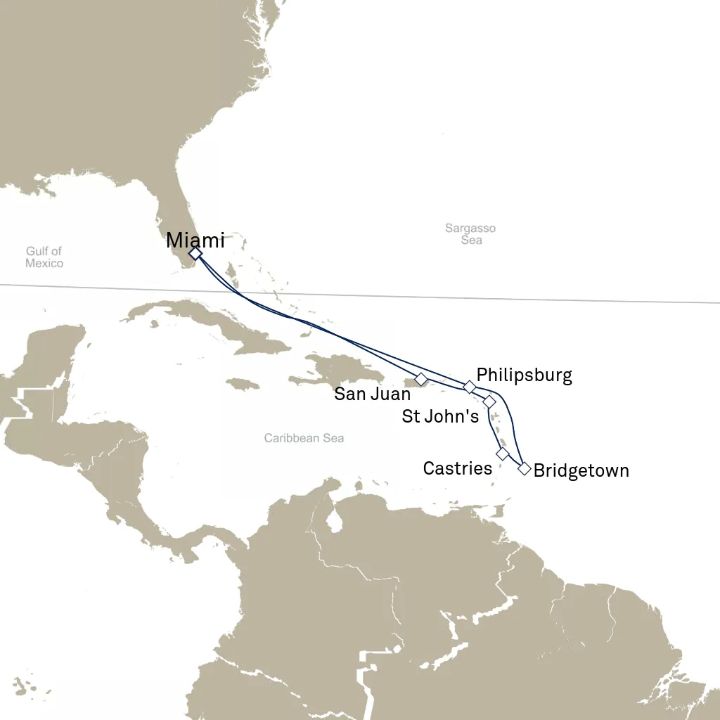 Queen Elizabeth Voyage Q634 itinerary map from Miami, FL, USA to Miami, FL, USA