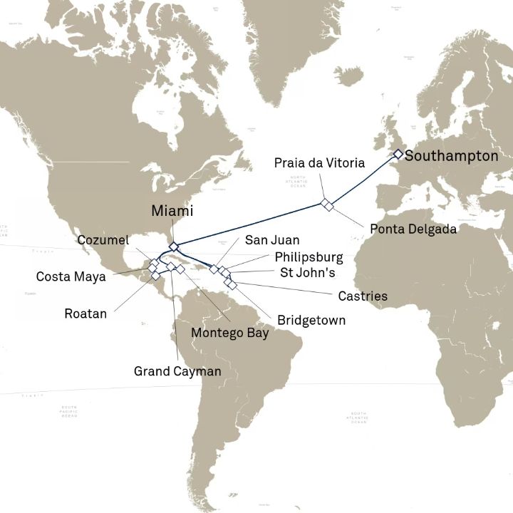 Queen Elizabeth Voyage Q634B itinerary map from Miami, FL, USA to Southampton, England, UK