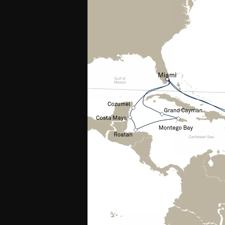 Queen Elizabeth Voyage Q634A itinerary map from Miami, FL, USA to Miami, FL, USA