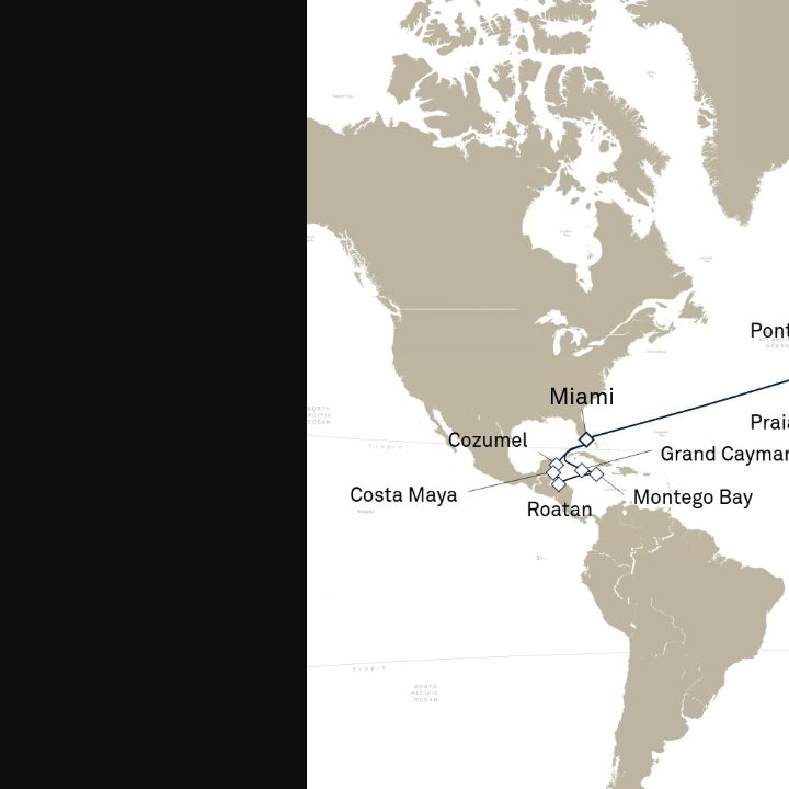 Queen Elizabeth Voyage Q701B itinerary map from Miami, FL, USA to Southampton, England, UK